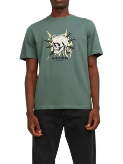 T-shirt en coton kaki uni coupe droite avec un col rond et flocage crâne
