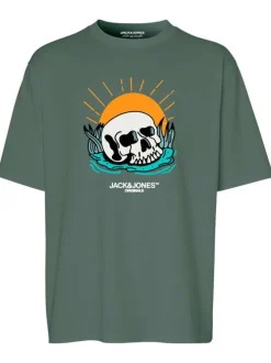 T-shirt en coton kaki uni coupe droite avec un col rond et flocage poitrine