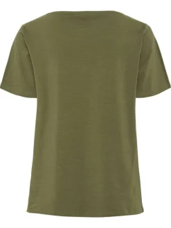 T-shirt en coton kaki uni à coupe droite, col v et broderie "amour"