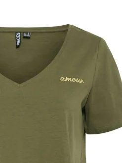 T-shirt en coton kaki uni à coupe droite, col v et broderie "amour"