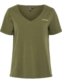 T-shirt en coton kaki uni à coupe droite, col v et broderie 