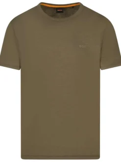 T-shirt en coton kaki uni droit, col rond et patch ton sur ton de la marque