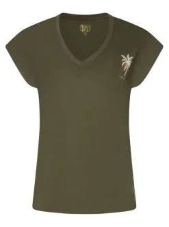 T-shirt en coton kaki uni pourvu d'un col en V et des manches courtes