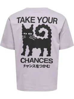 T-shirt en coton lilas à imprimé chat au dos avec un col rond