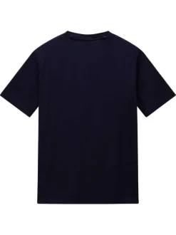 T-shirt en coton marine avec imprimé de la marque à coupe droite et à col rond