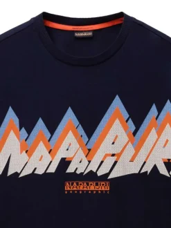 T-shirt en coton marine avec imprimé de la marque à coupe droite et à col rond