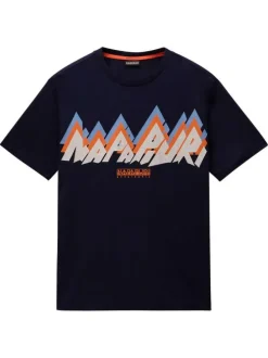 T-shirt en coton marine avec imprimé de la marque à coupe droite et à col rond