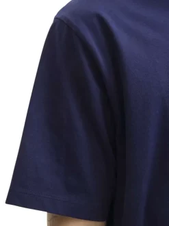 T-shirt en coton marine avec un logo rouge imprimé et un col rond