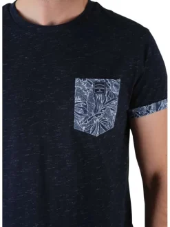 T-shirt en coton marine chiné avec une coupe droite et un col rond
