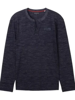 T-shirt en coton marine chiné avec une coupe droite et un col tunisien