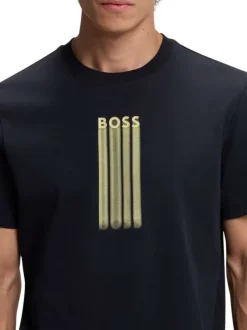 T-shirt en coton marine à coupe droite pourvu d'un col rond côtelé