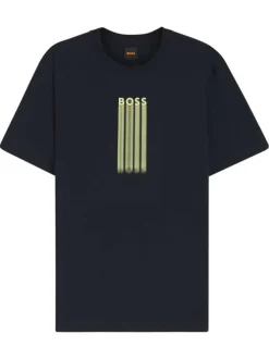 T-shirt en coton marine à coupe droite pourvu d'un col rond côtelé