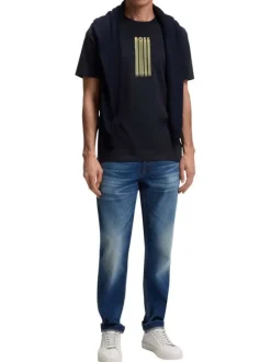 T-shirt en coton marine à coupe droite pourvu d'un col rond côtelé