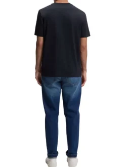 T-shirt en coton marine à coupe droite pourvu d'un col rond côtelé