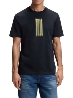 T-shirt en coton marine à coupe droite pourvu d'un col rond côtelé
