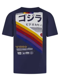 T-shirt en coton marine à coupe droite pourvu d'un col rond en bord-côté