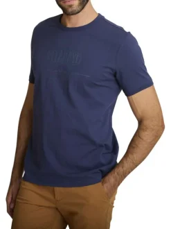 T-shirt en coton marine à coupe droite pourvu d'un col rond en maille piquée