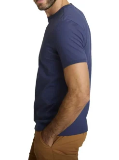 T-shirt en coton marine à coupe droite pourvu d'un col rond en maille piquée