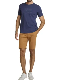 T-shirt en coton marine à coupe droite pourvu d'un col rond en maille piquée
