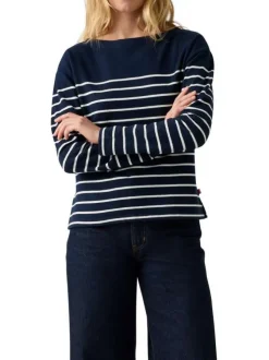 T-shirt en coton marine coupe droite pourvu d'un motif à rayures