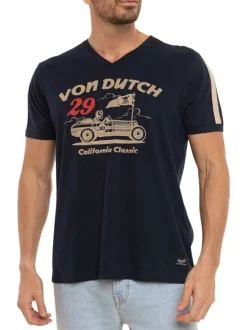 T-shirt en coton marine imprimé avec un col en v et un imprimé