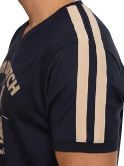 T-shirt en coton marine imprimé avec un col en v et un imprimé