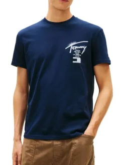 T-shirt en coton marine imprimé avec une coupe droite et un col rond
