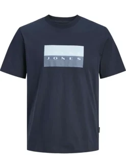 T-shirt en coton marine imprimé avec une coupe droite et un col rond