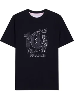 T-shirt en coton marine à imprimé avec une coupe droite et un col rond