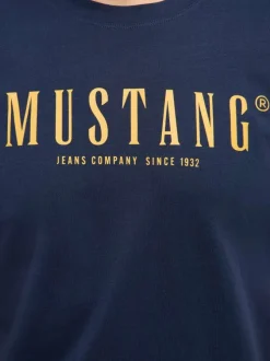 T-shirt en coton marine à imprimé avec une coupe droite et un col rond