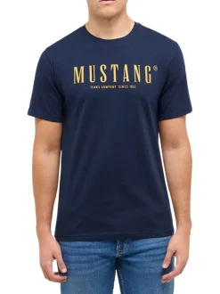T-shirt en coton marine à imprimé avec une coupe droite et un col rond