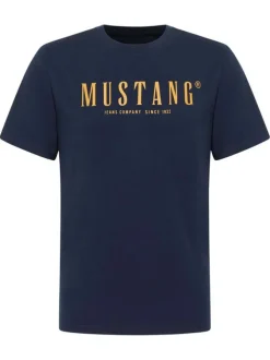 T-shirt en coton marine à imprimé avec une coupe droite et un col rond