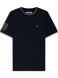 T-shirt en coton marine à imprimé avec une coupe droite et un col rond