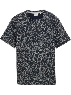 T-shirt en coton marine à motif floral blanc avec coupe regular et col rond