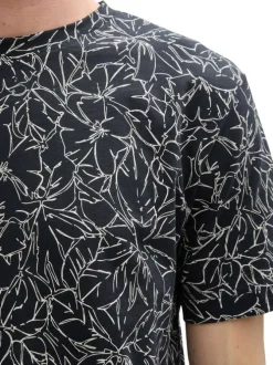 T-shirt en coton marine à motif floral blanc avec coupe regular et col rond