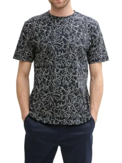 T-shirt en coton marine à motif floral blanc avec coupe regular et col rond