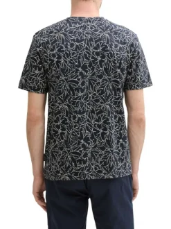 T-shirt en coton marine à motif floral blanc avec coupe regular et col rond