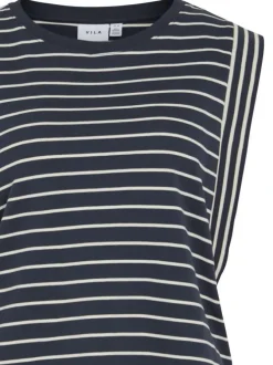 T-shirt en coton marine rayé avec une coupe droite et un col rond