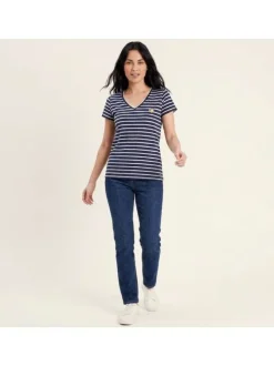 T-shirt en coton marine à rayures avec une coupe coupe droite et un col en V