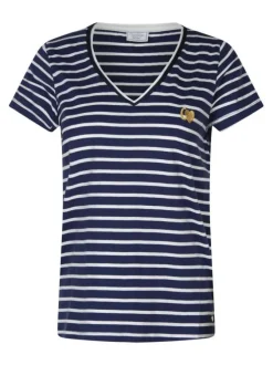T-shirt en coton marine à rayures avec une coupe coupe droite et un col en V