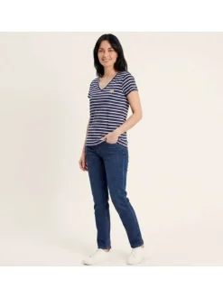 T-shirt en coton marine à rayures avec une coupe coupe droite et un col en V