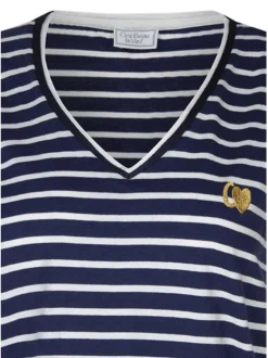 T-shirt en coton marine à rayures avec une coupe coupe droite et un col en V