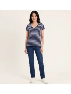 T-shirt en coton marine à rayures avec une coupe coupe droite et un col en V