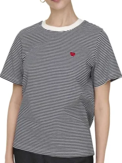 T-shirt en coton marine à rayures avec une coupe droite et un col rond