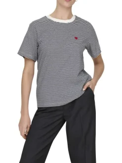 T-shirt en coton marine à rayures avec une coupe droite et un col rond
