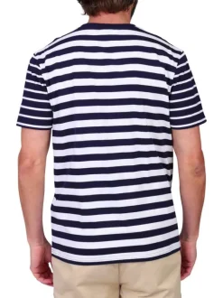T-shirt en coton marine à rayures avec une coupe droite et un col rond