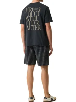 T-shirt en coton marine uni avec texte imprimé et une coupe droite