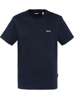 T-shirt en coton marine uni avec un col rond et le nom de la marque en petit