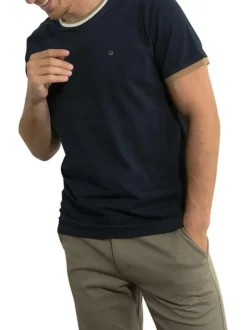 T-shirt en coton marine uni avec une coupe droite et un col bicolore