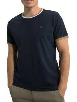 T-shirt en coton marine uni avec une coupe droite et un col bicolore